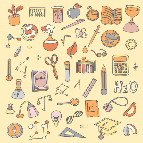 Colored Funny Back to School supplies, elements and objects. Autumn back to school supplies in funny doodle cartooning design. School supplies icon collection. Set of school science objects, doodle - Vector, Image