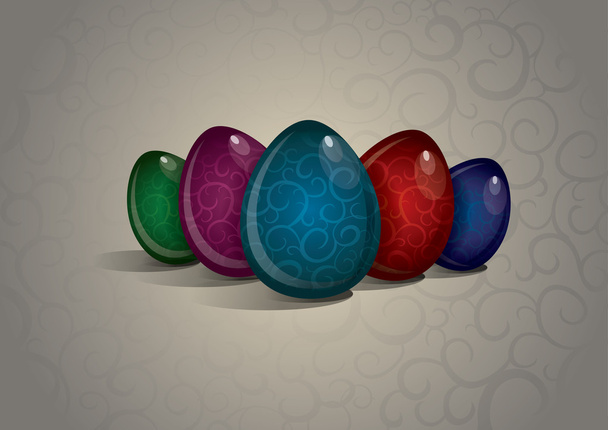 Decorated Easter Eggs On Pattern Background - Vector, Image