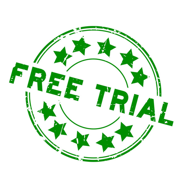 Grunge vert mot d'essai gratuit avec icône étoile rond tampon de joint en caoutchouc sur fond blanc
 - Vecteur, image