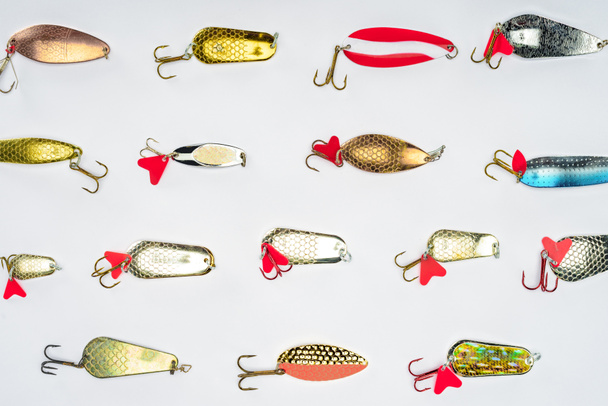 top view of arranged various fishing bait isolated on white  - 写真・画像