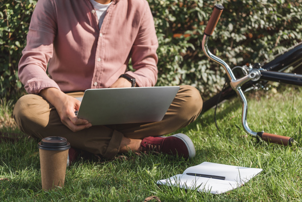 bijgesneden schot van freelancer werkt op laptop op groene gras met koffie te gaan en notebook in park - Foto, afbeelding
