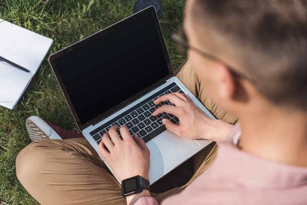 szelektív összpontosít szabadúszó használ laptop-val üres képernyő a zöld gyep a parkban - Fotó, kép