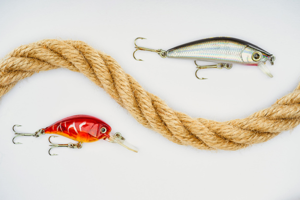 flat lay with nautical rope and fishing bait isolated on white  - Fotografie, Obrázek
