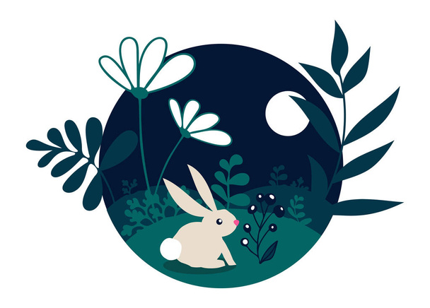 Маленький кролик в лесу в лунном свете
 - Вектор,изображение