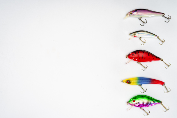 top view of various fishing bait placed in row isolated on white background - Foto, immagini