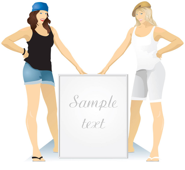 Young blonde and brunette with an empty poster. - Vector, Image