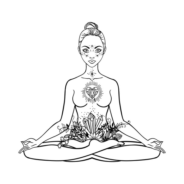 Beautiful woman silhouette sitting in lotus pose with flowers and ethnic art. Power of girls. Meditation, yoga, kundalini, tantra, ayurveda, aura and chakras. Vector illustration. - Vector, Image