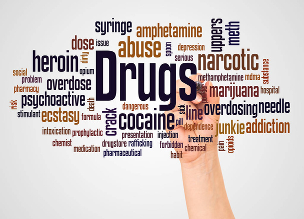 Drugs word cloud en hand met marker concept op witte achtergrond.  - Foto, afbeelding