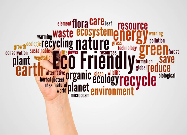 Eco Friendly word cloud and hand with marker concept on white background.  - Photo, Image