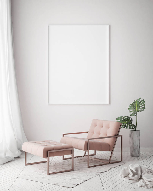 maqueta de marco de póster en fondo interior hipster, sala de estar, estilo escandinavo, renderizado 3D, ilustración 3D
 - Foto, Imagen