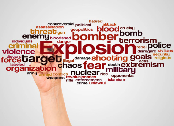 Explosie word cloud en hand met marker concept op witte achtergrond.  - Foto, afbeelding