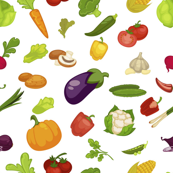Vegetables aubergine and pumpkin set seamless pattern vector. Broccoli and cauliflower, pepper paprika and parsley greenery. Tomato and mushroom slice, chilli and carrot with leaves, onion pea - Διάνυσμα, εικόνα