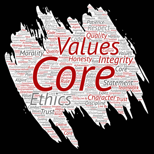 Vector conceptual core values integrity ethics paint brush paper concept word cloud isolated background. Collage de honestidad calidad confianza, declaración, carácter, perseverancia, respeto y digno de confianza
 - Vector, imagen