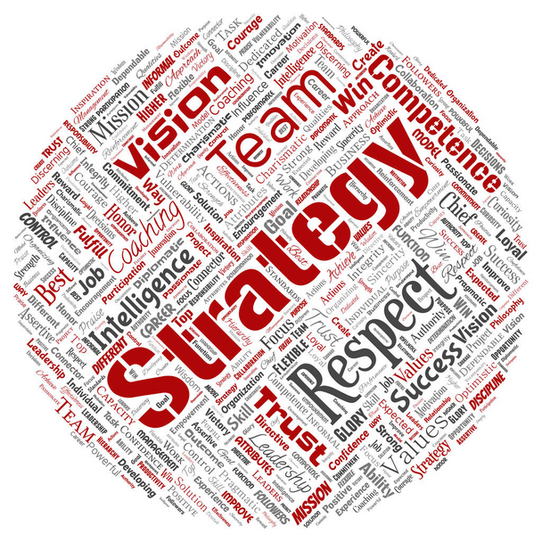 Vector conceptuele-bedrijfsstrategie leiderschap, management waarde ronde cirkel rood word cloud geïsoleerd achtergrond. Collage van succes, prestatie, verantwoordelijkheid, intelligentie autoriteit of deskundigheid - Vector, afbeelding
