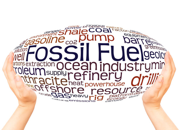 Combustible fossile mot nuage main sphère concept sur fond blanc
.  - Photo, image
