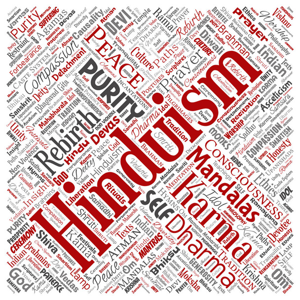 Vector conceptual hinduism, shiva, rama, yoga square red word cloud isolated background. Collage of mandalas, samsara, celebration, tradition, peace, compassion, rebirth, karma, dharma concept - Vector, Image