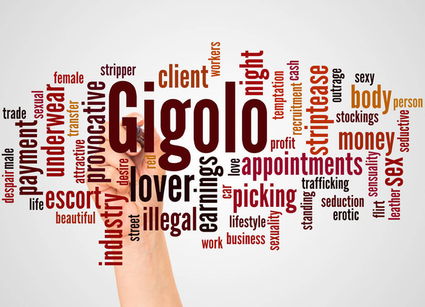 Gigolo Wort Wolke und Hand mit Marker-Konzept auf weißem Hintergrund. - Foto, Bild