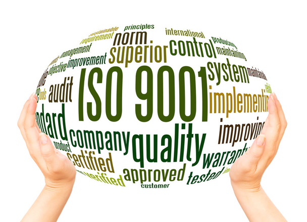 ISO 9001 szó felhő kézzel gömb fogalmát a fehér háttér. - Fotó, kép