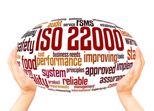 ISO 22000 - управление безопасностью пищевых продуктов, понятие облачной сферы слова на белом фоне
. - Фото, изображение