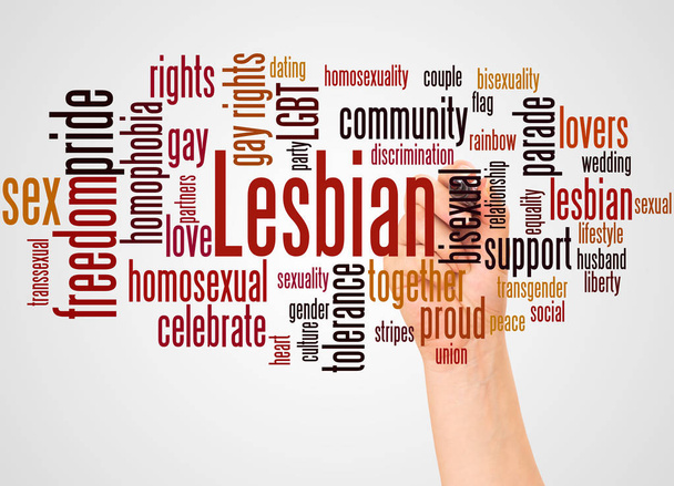 Lesbian word cloud and hand with marker concept on white background. - Photo, Image