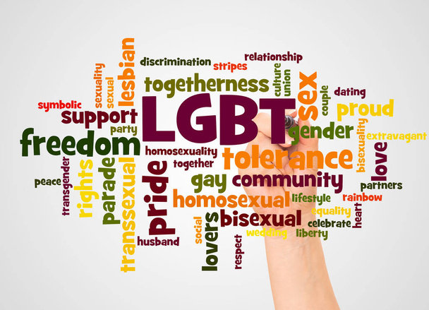 LGBT word cloud and hand with marker concept on white background. - Photo, Image