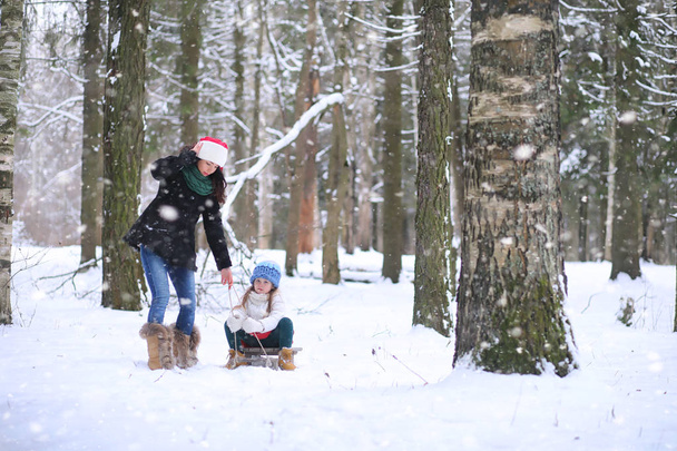 Μια ιστορία χειμερινών νεράιδων, μια νεαρή μητέρα και την κόρη της βόλτα ένα έλκηθρο - Φωτογραφία, εικόνα