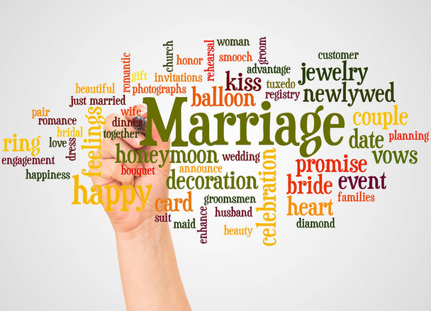 Casamento nuvem palavra e mão com conceito marcador no fundo branco
. - Foto, Imagem