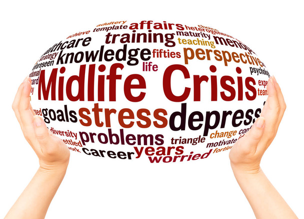 Midlife crisis word cloud hand sphere concept on white background.  - Photo, Image