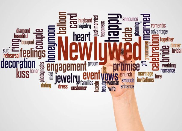 Newlywed word cloud and hand with marker concept on white background. - Photo, Image