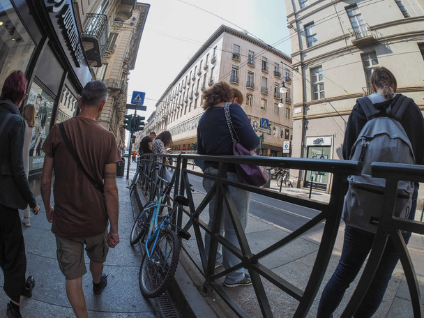 TURIN, ITALY - CIRCA SEPTEMBER 2018: People in the city centre near Via Garibaldi, view with fisheye lens - Foto, imagen