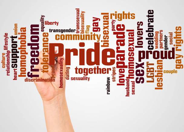 Pride word cloud and hand with marker concept on white background.  - Photo, Image