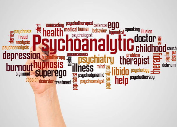 psychoanalytische Wortwolke und Hand mit Marker-Konzept auf weißem Hintergrund. - Foto, Bild