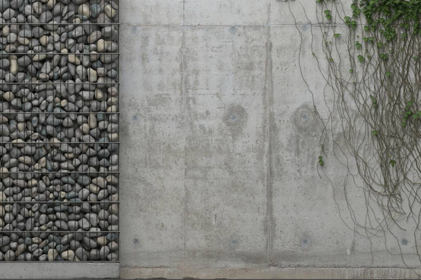 Fundo com parede de concreto cinza e parede de gabião com pedras em uma estrutura de grade de metal. Vista frontal com espaço de cópia. Renderização 3D
. - Foto, Imagem