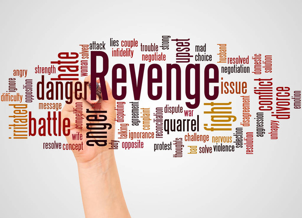 Revenge word cloud and hand with marker concept on white background.  - Photo, Image