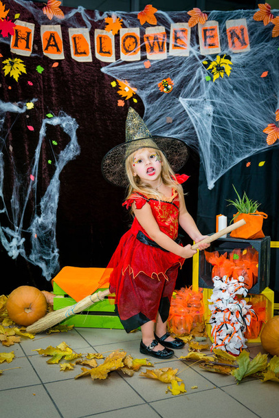 A child, a little girl in the shape of a witch on a broomstick, poses against the backdrop of scenery of cobwebs, pumpkins and autumn leaves on a Halloween holiday. - Photo, Image