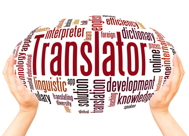Translator, word cloud hand sphere concept on white background. - Foto, Imagem