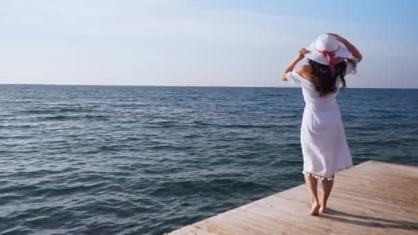Jeune femme se tient sur une jetée en bois, regardant la mer
. - Séquence, vidéo
