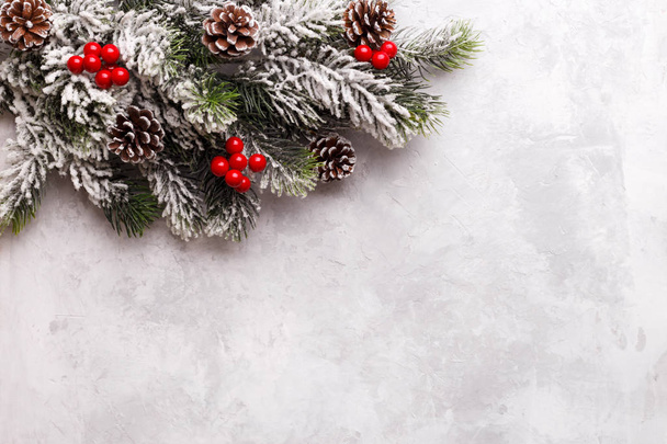 Weihnachten oder Neujahr Hintergrund Tannenbaum Zweig mit roten Beeren auf grauem Stein kopieren Raum Draufsicht - Foto, Bild