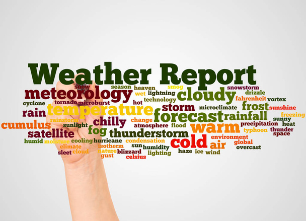 Weather Report word cloud and hand with marker concept on white background. - Photo, Image