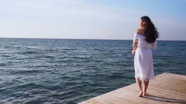 海を見る木製の桟橋に立っている若い女性. - 映像、動画