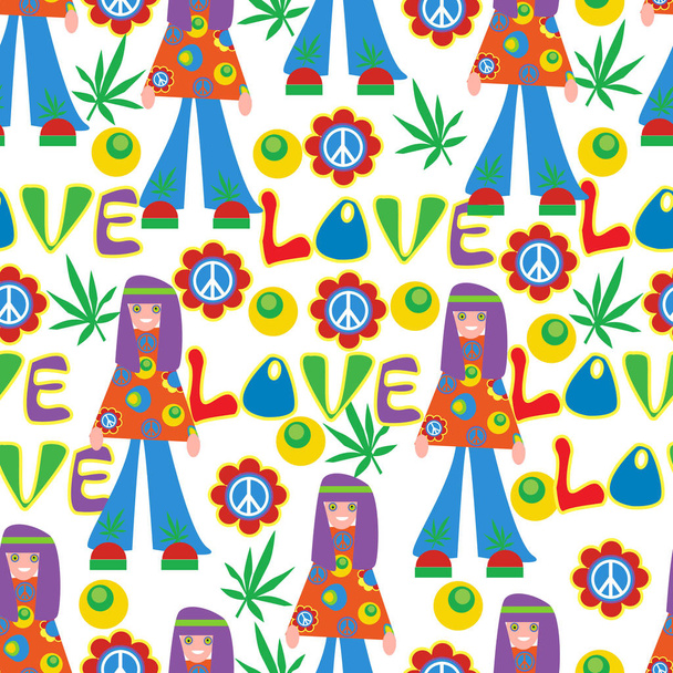 Background in the style of 60x. Psychedelic seamless pattern. Hippie, cannabis leaves, flowers, a symbol of pacifism. - Vecteur, image
