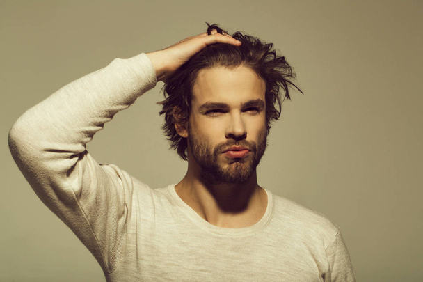 handsome man with beard and stylish hair, morning and fashion - Photo, Image