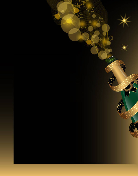 Christmas and New Year background with champagne bottle covered by ribbon with golden glitter. Vector illustration. - Vector, Image