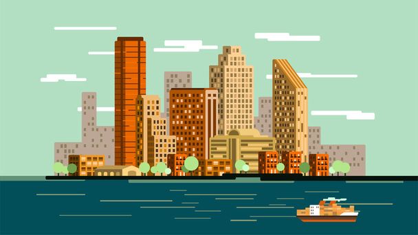 Flat vector city skyline illustration. Colorful waterfront with skyscrapers, smaller buildings and cargo ship - Vector, Image