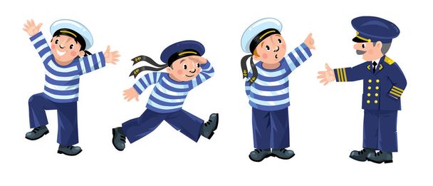 Смешные моряки и капитан детские иллюстрации набор
 - Вектор,изображение
