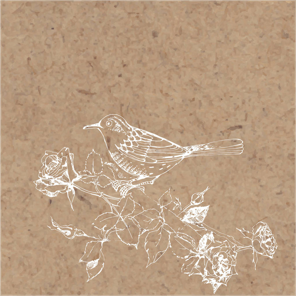 Bird on flowering branch of rose on kraft paper.  - Vektori, kuva