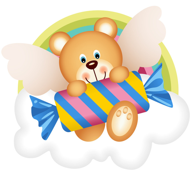Teddy bear angyal a cukorkát a felhő - Vektor, kép
