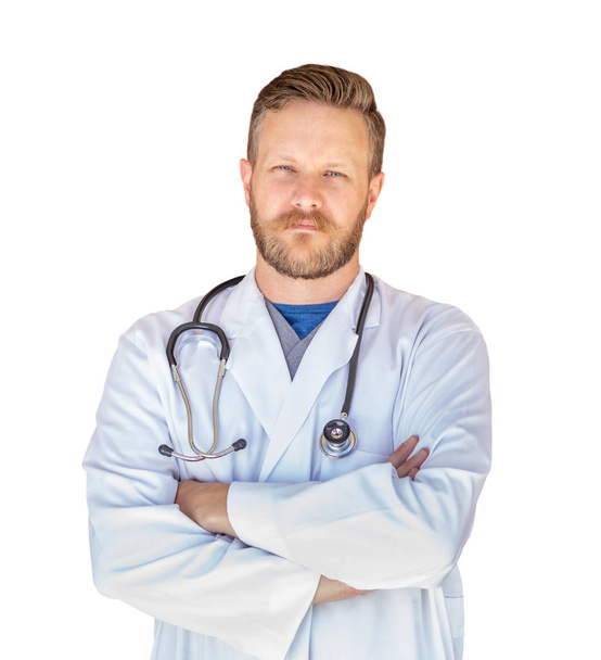 Handsome Young Adult Male Doctor With Beard Isolated On A White Background. - Foto, Imagen