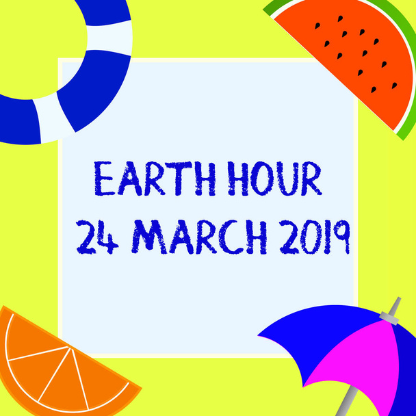 Schrijven van de notitie weergegeven: Earth Hour 24 maart 2019. Zakelijke foto presentatie vieren duurzaamheid Save the Planet Lights Off - Foto, afbeelding
