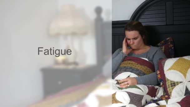 Worried Young twenties woman in bed typography - Fatigue Version - Imágenes, Vídeo